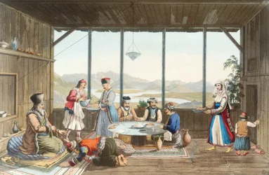 Middag som hölls i Delfi för att hedra målaren av den äldste i byn Chryso, tavla 10 från del 2 av "Views in Greece", graverad av T. Fielding, pub. 1821 (färgad akvatint)